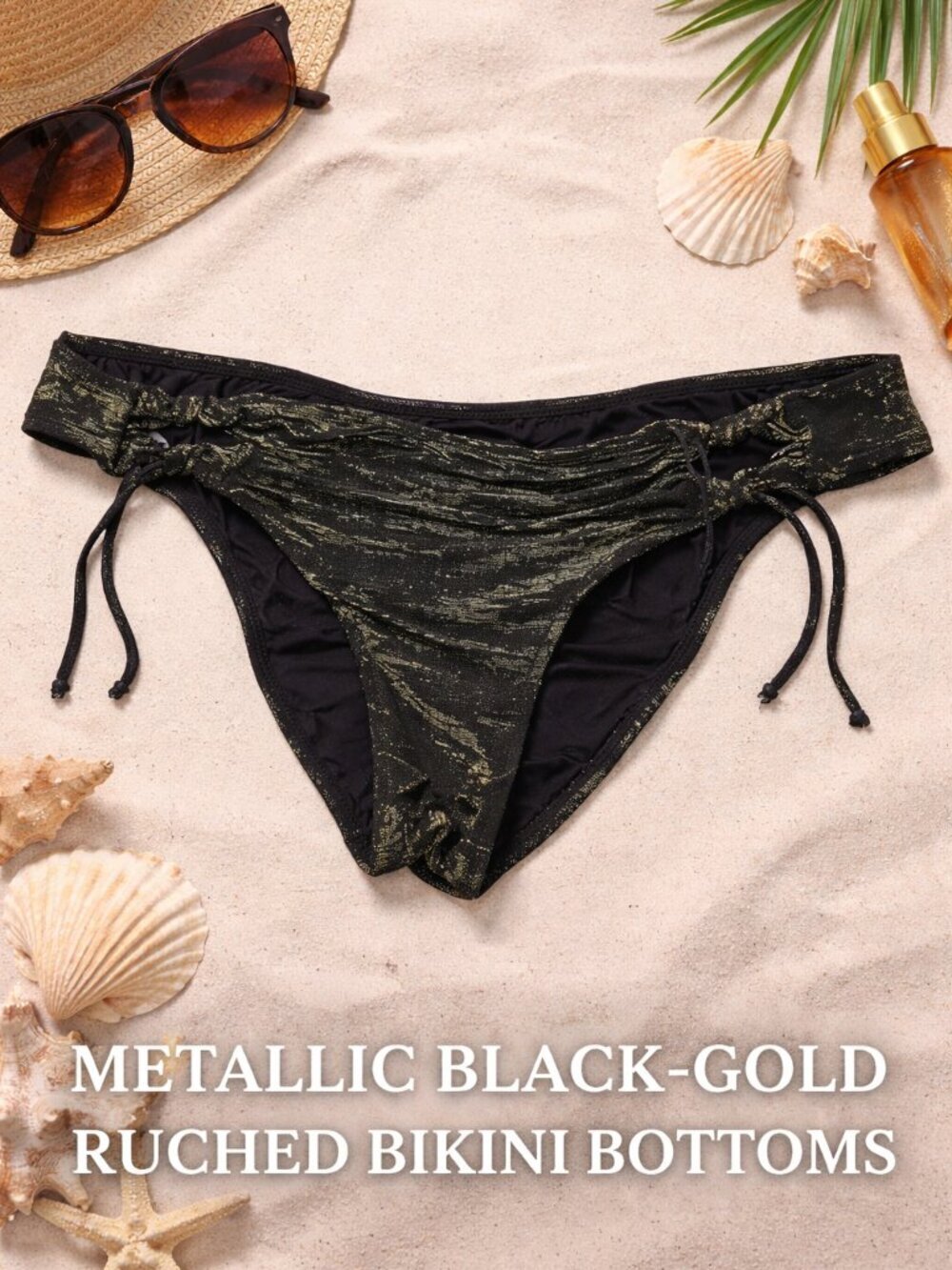 PQ PILYQ NWOT Metallic Black Gold Ruched Bikini Bottom Size S